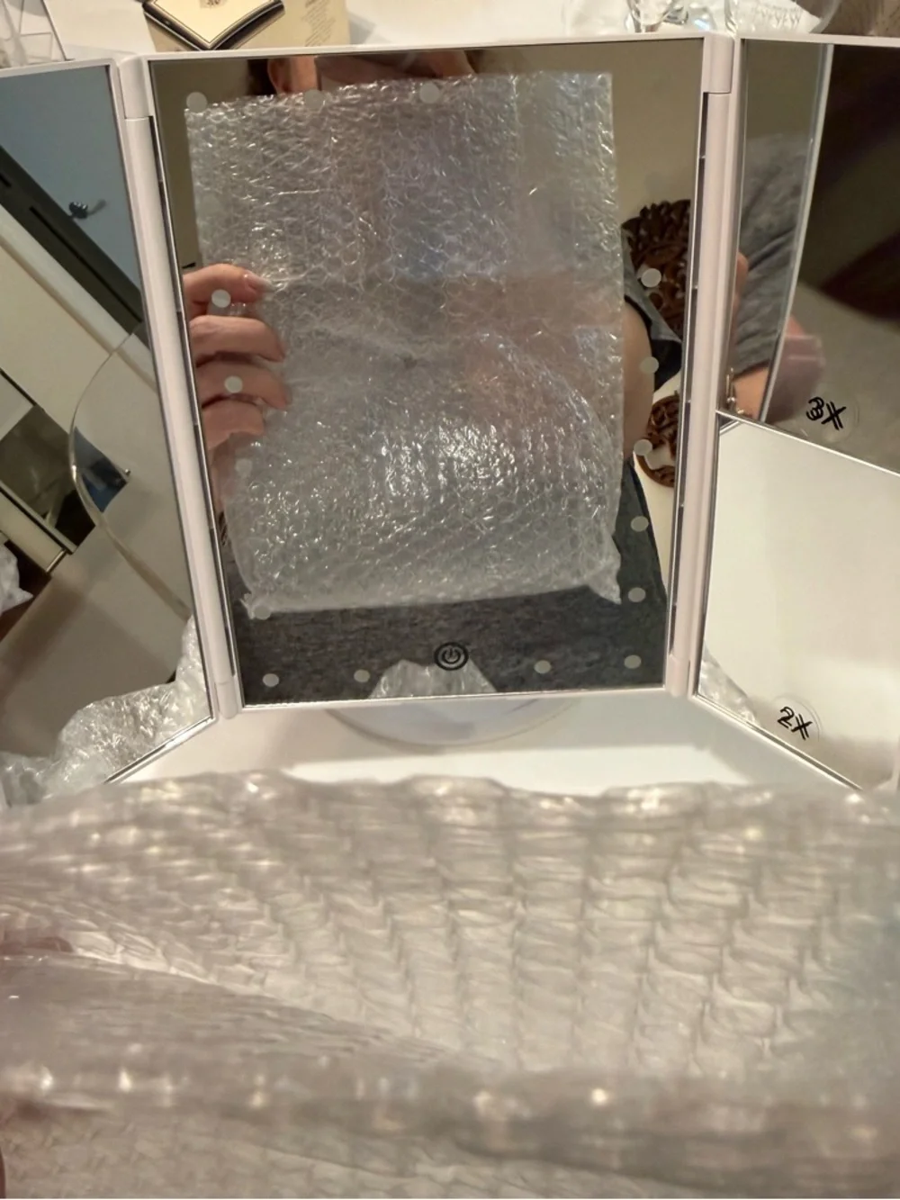 DeWeisn Tabletop Tri-Fold Lighted Vanity Mirror and 3X/2X/1X Magnification
